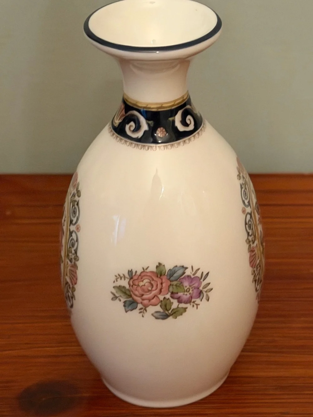Wedgwood White Porcelain Vase with Pink Floral Medallions and Navy Trim